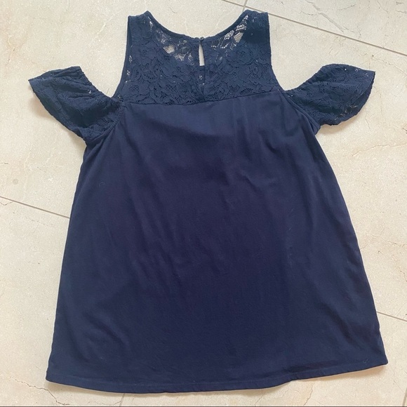 LOFT Off the Shoulder Lace Top Navy Medium - Picture 6 of 6